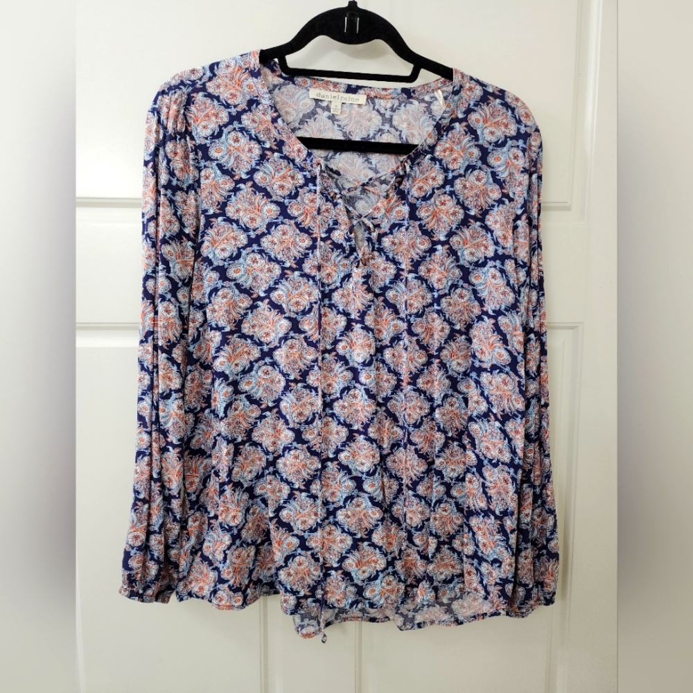 !Daniel Rainn Women's Blue & Orange Floral Long Sleeve Lace Up Boho Top Size M!